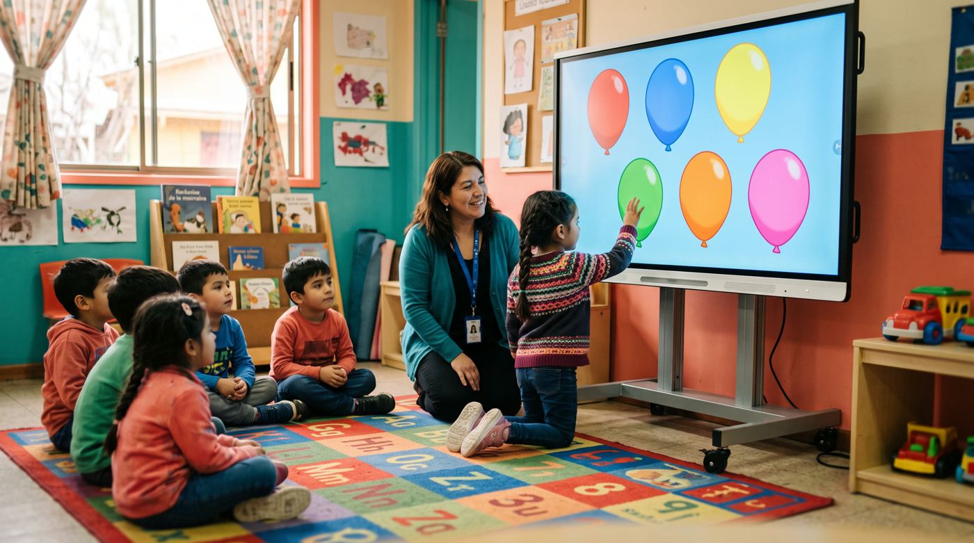 Niños de kínder frente a la pantalla interactiva